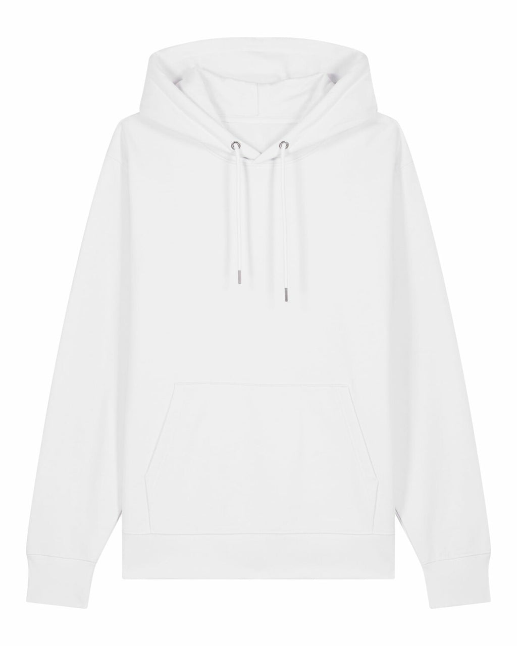 Weißer Hoodie mit dezentem Ton-in-Ton-Streifendesign auf der Rückseite.