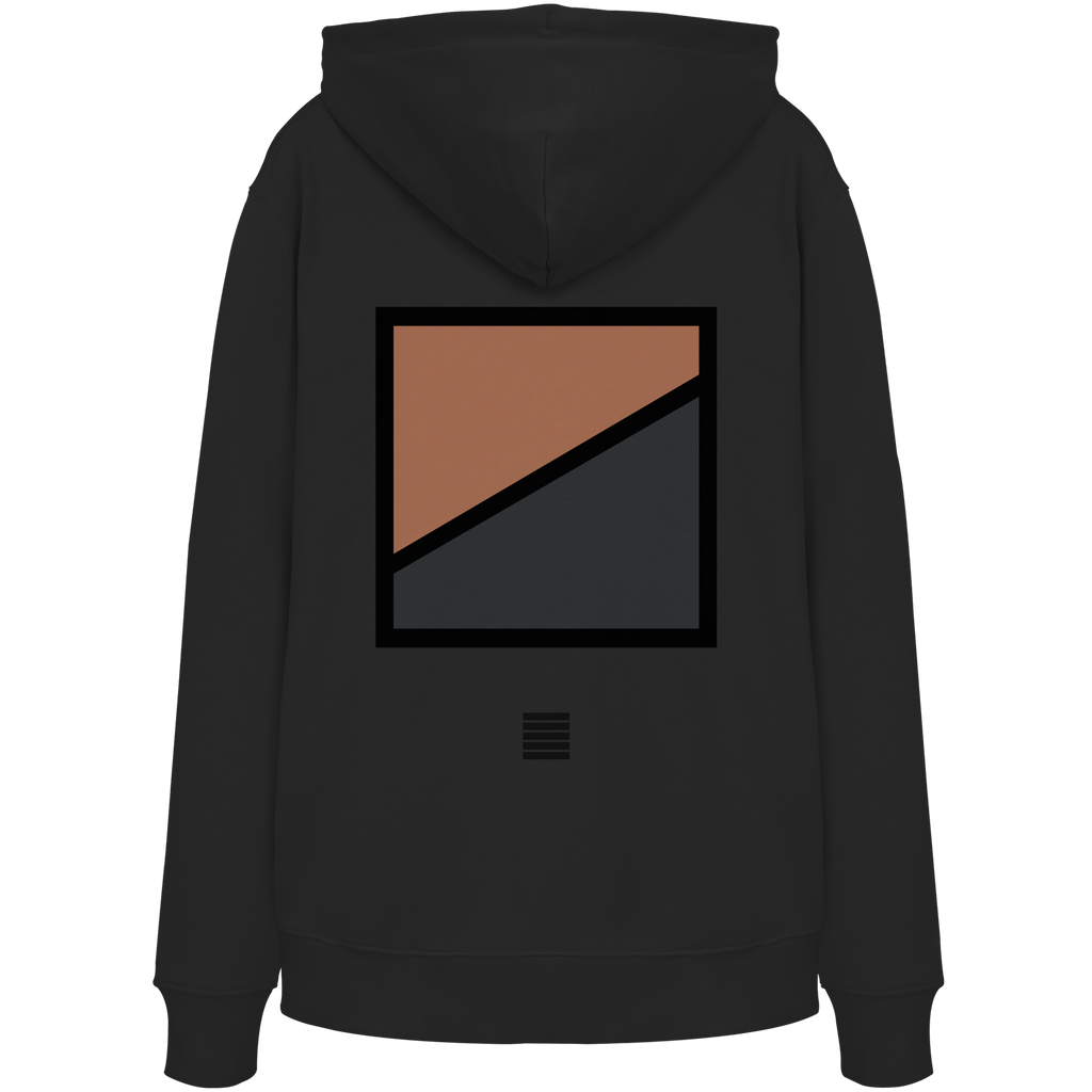 Schwarzer Hoodie mit geometrischem Road-Print in Kupfer und Anthrazit auf der Rückseite.