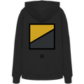 Schwarzer Hoodie mit geometrischem Road-Print in Gelb und Anthrazit auf der Rückseite sowie kleinem Streifensymbol darunter.