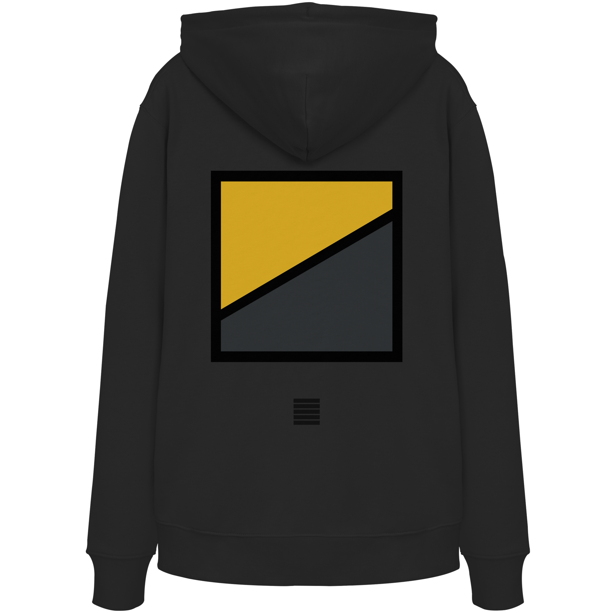 Schwarzer Hoodie mit geometrischem Road-Print in Gelb und Anthrazit auf der Rückseite sowie kleinem Streifensymbol darunter.