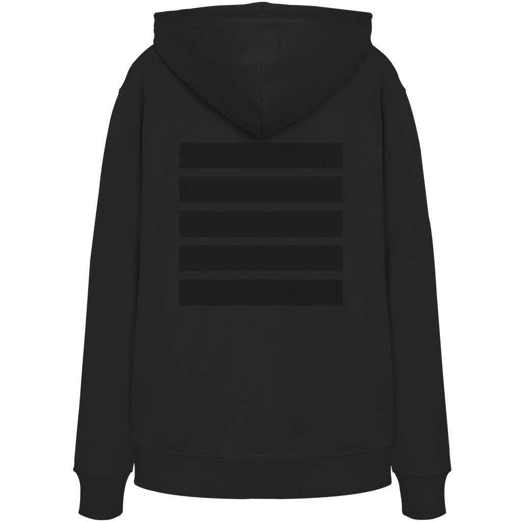 Schwarzer Hoodie mit dezentem Ton-in-Ton-Streifendesign auf der Rückseite.