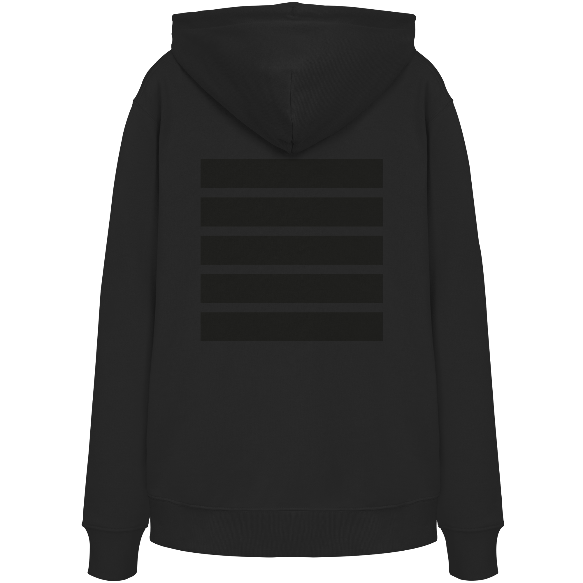 Schwarzer Hoodie mit dezentem Ton-in-Ton-Streifendesign auf der Rückseite.