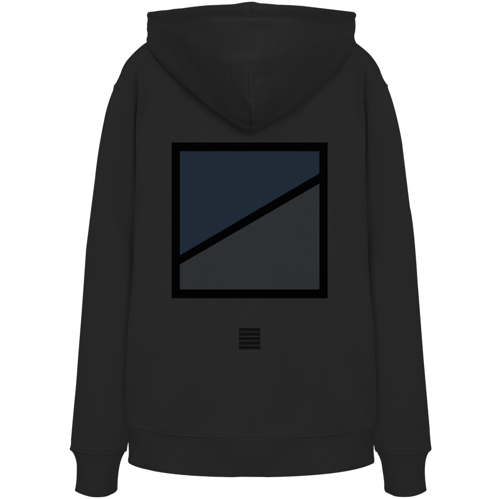Schwarzer Hoodie mit geometrischem Road-Print in Blau und Anthrazit auf der Rückseite.