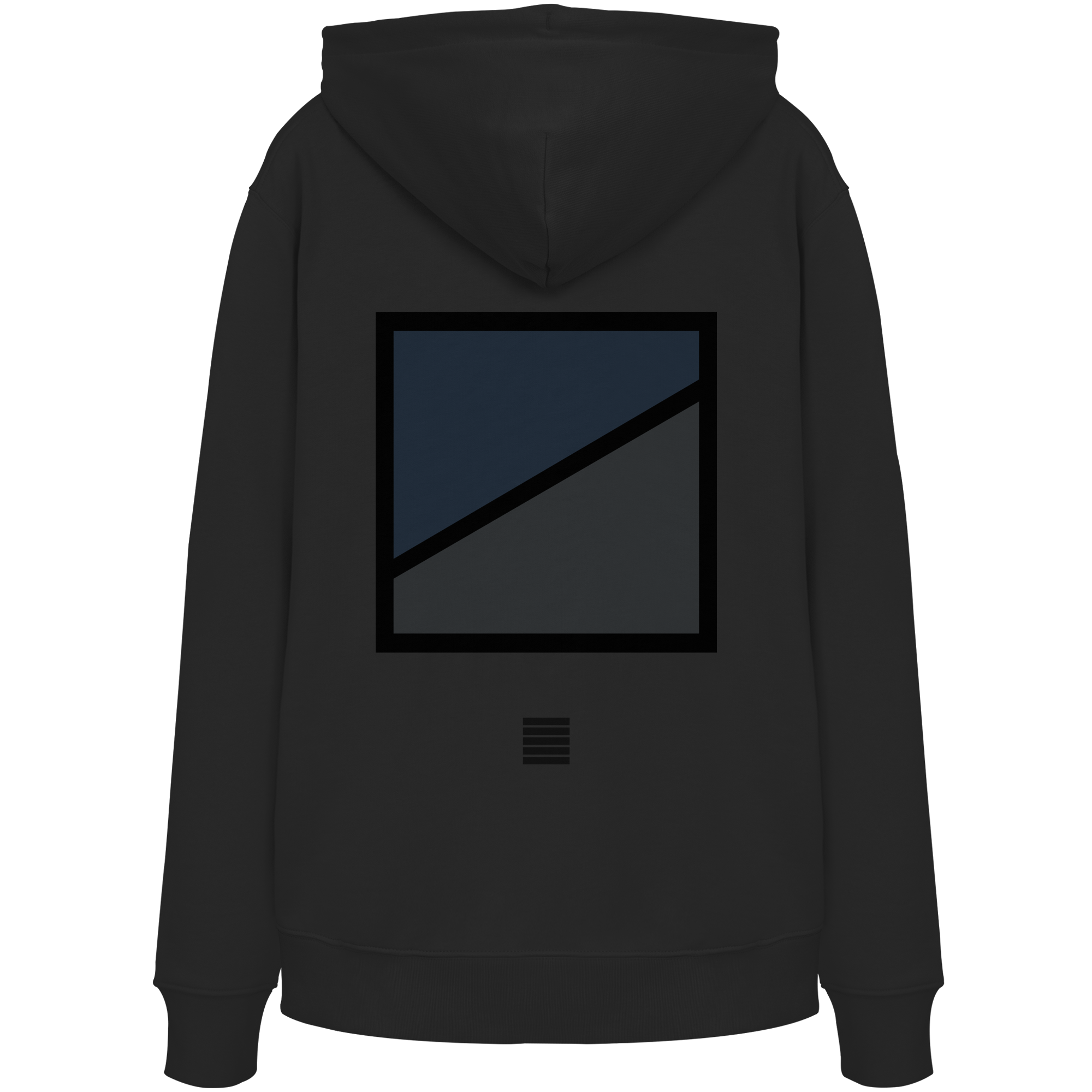 Schwarzer Hoodie mit geometrischem Road-Print in Blau und Anthrazit auf der Rückseite.