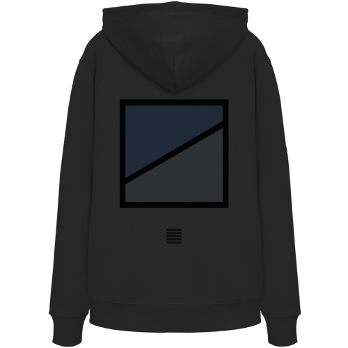 Schwarzer Hoodie mit geometrischem Road-Print in Blau und Anthrazit auf der Rückseite.