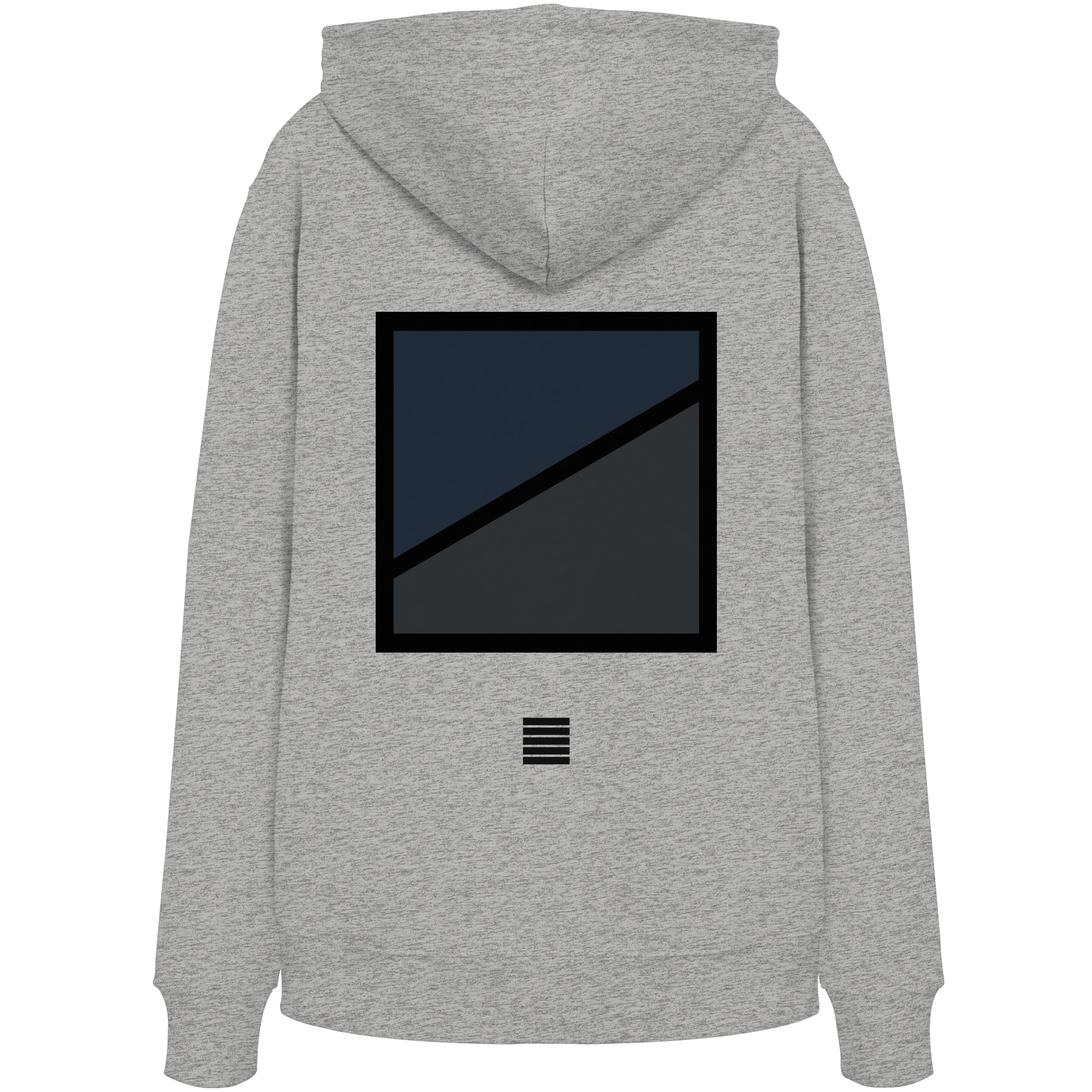 Grau-melierter Hoodie mit geometrischem Road-Print in Blau und Anthrazit auf der Rückseite.