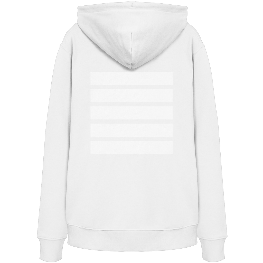 Weißer Hoodie mit dezentem Ton-in-Ton-Streifendesign auf der Rückseite.