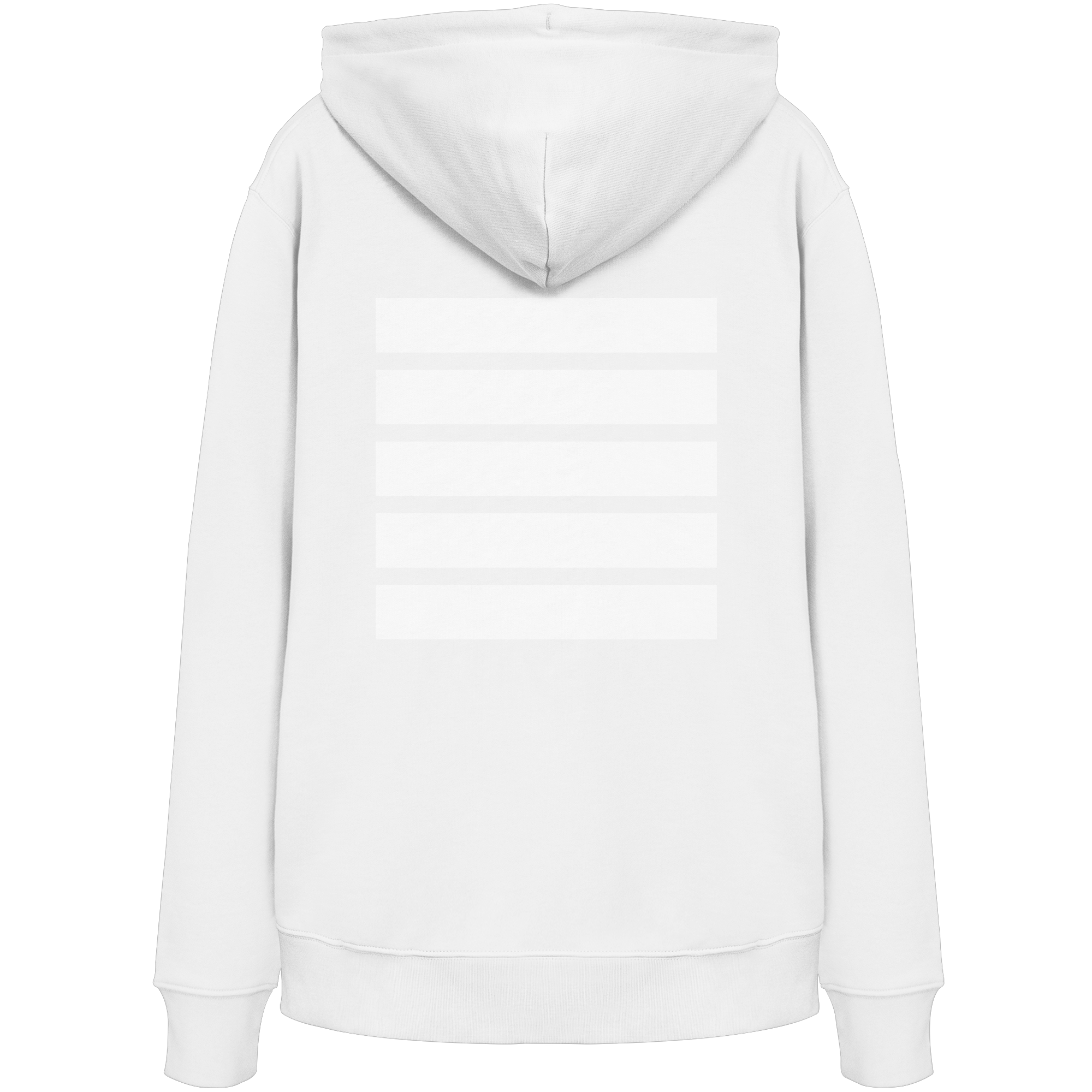 Weißer Hoodie mit dezentem Ton-in-Ton-Streifendesign auf der Rückseite.