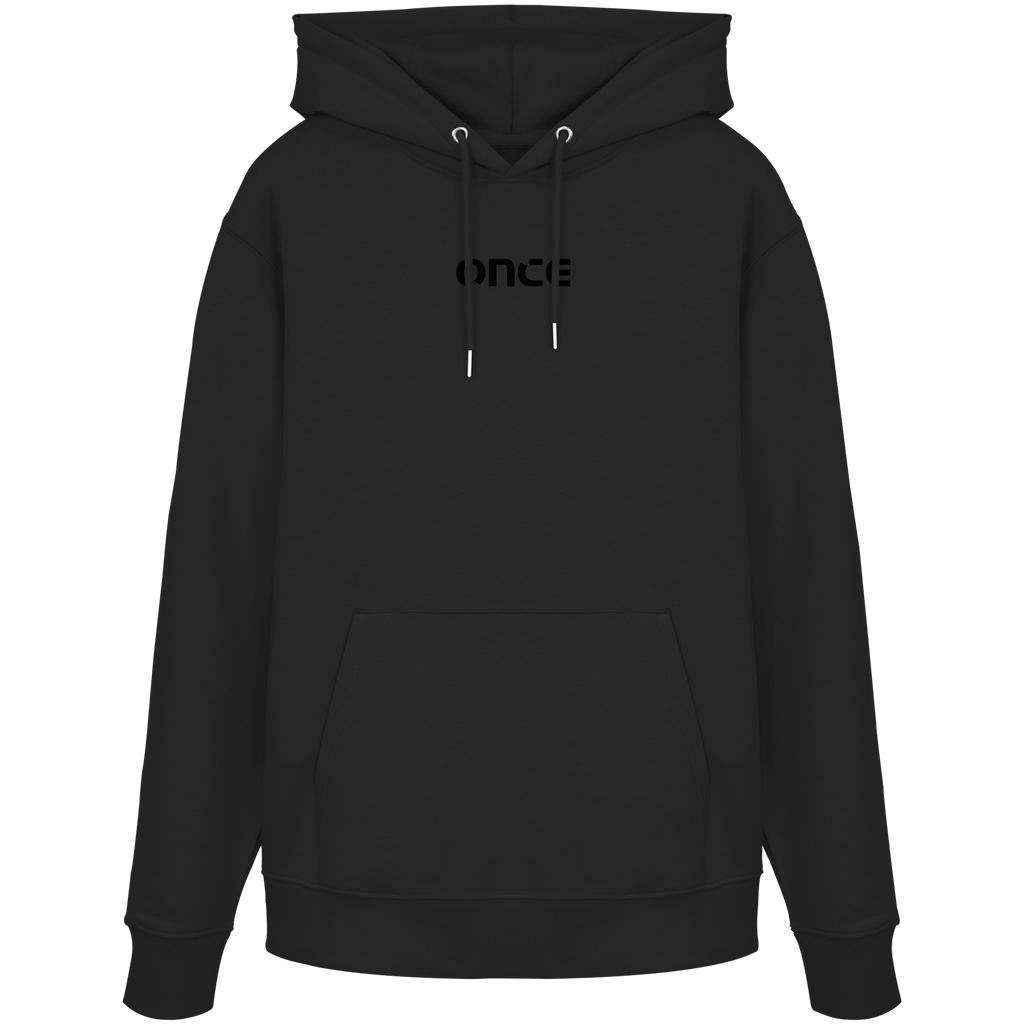 Schwarzer Hoodie mit geometrischem Road-Print in Kupfer und Anthrazit auf der Rückseite.