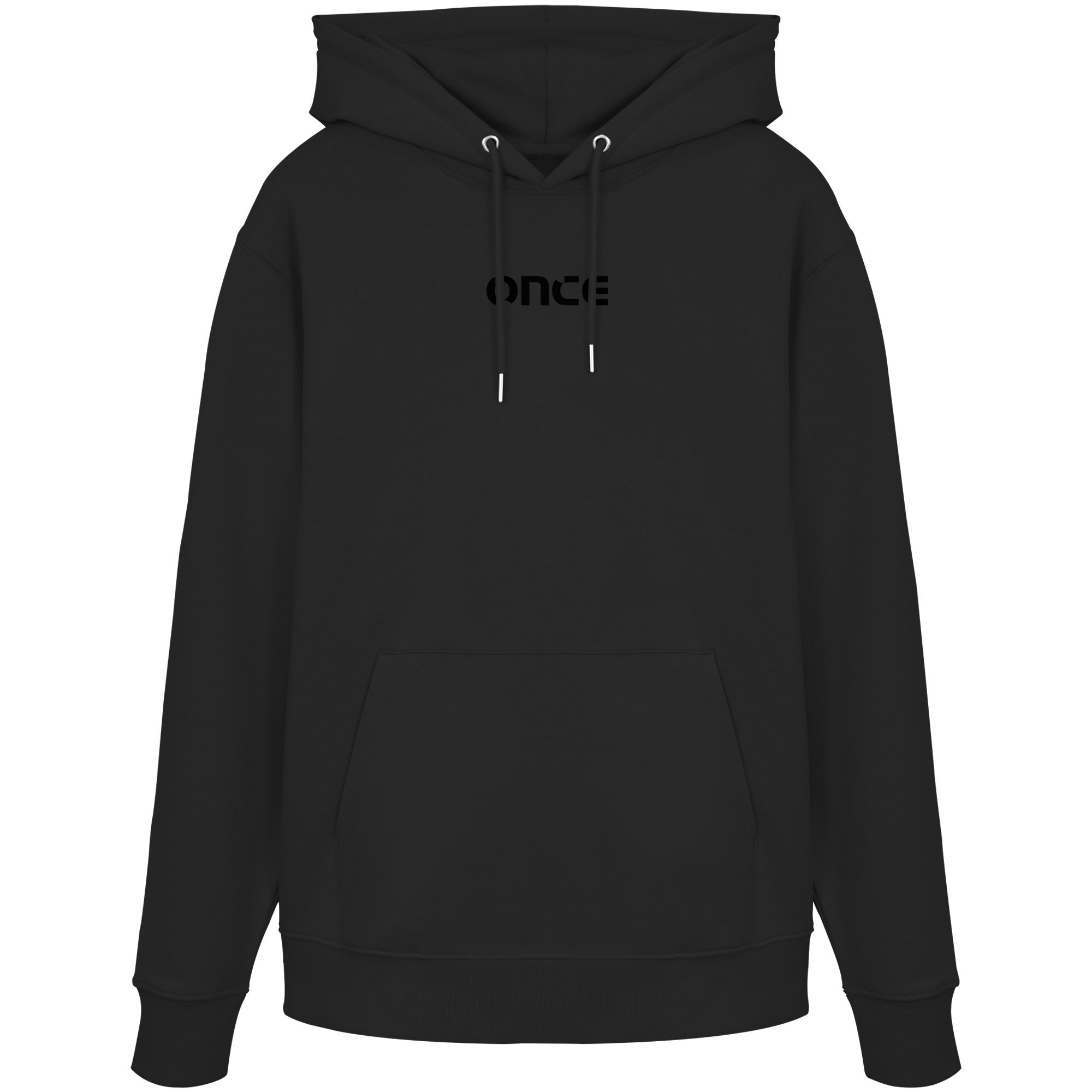 Schwarzer Hoodie mit geometrischem Road-Print in Kupfer und Anthrazit auf der Rückseite.