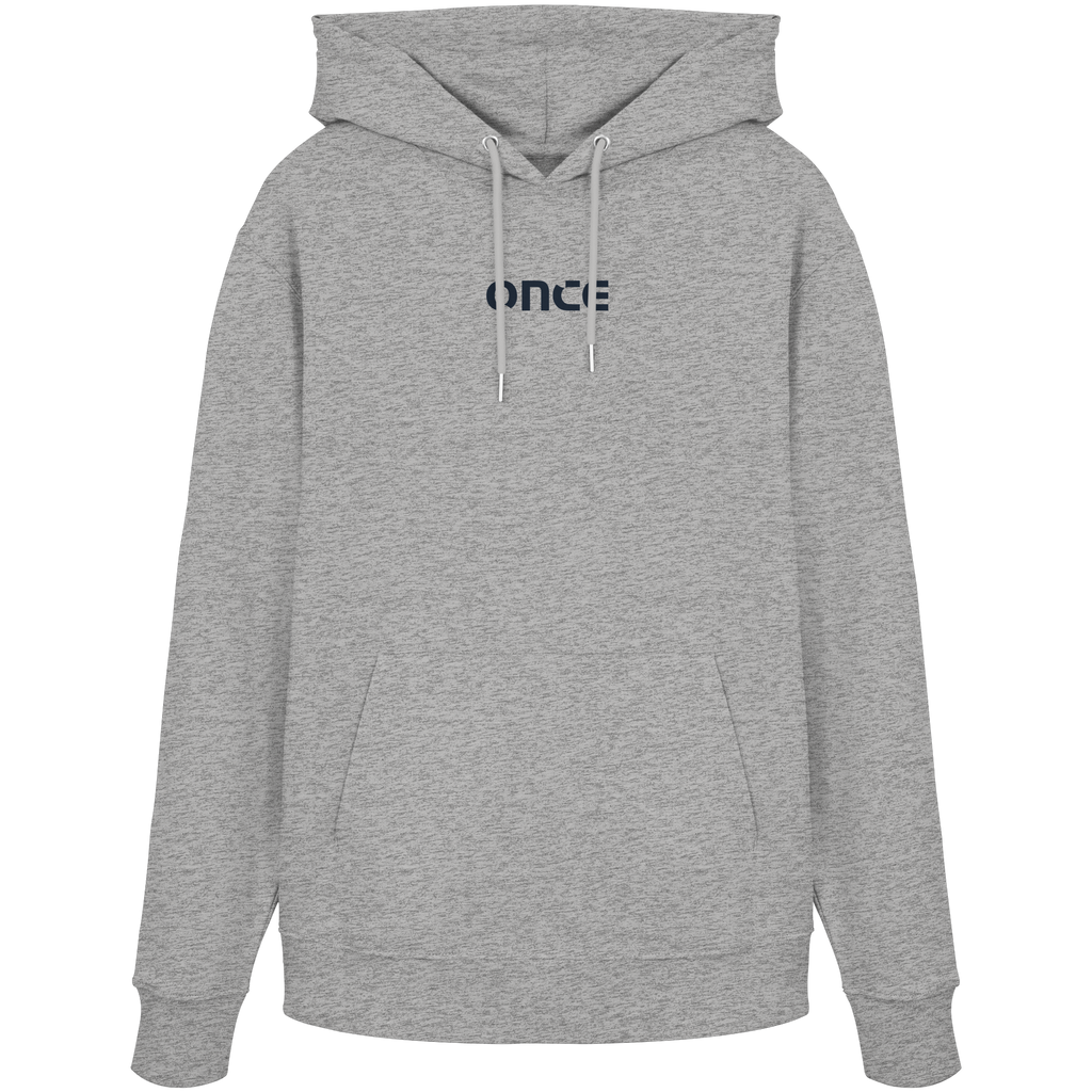 Grau-melierter Hoodie mit geometrischem Road-Print in Blau und Anthrazit auf der Rückseite.