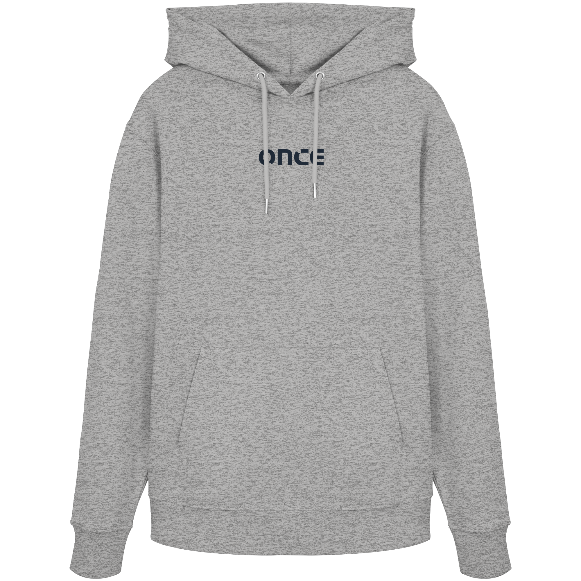 Grau-melierter Hoodie mit geometrischem Road-Print in Blau und Anthrazit auf der Rückseite.