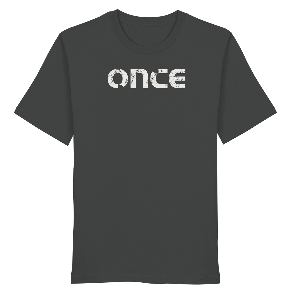 Anthracite organic cotton t-shirt with distressed ONCE logo print on chest