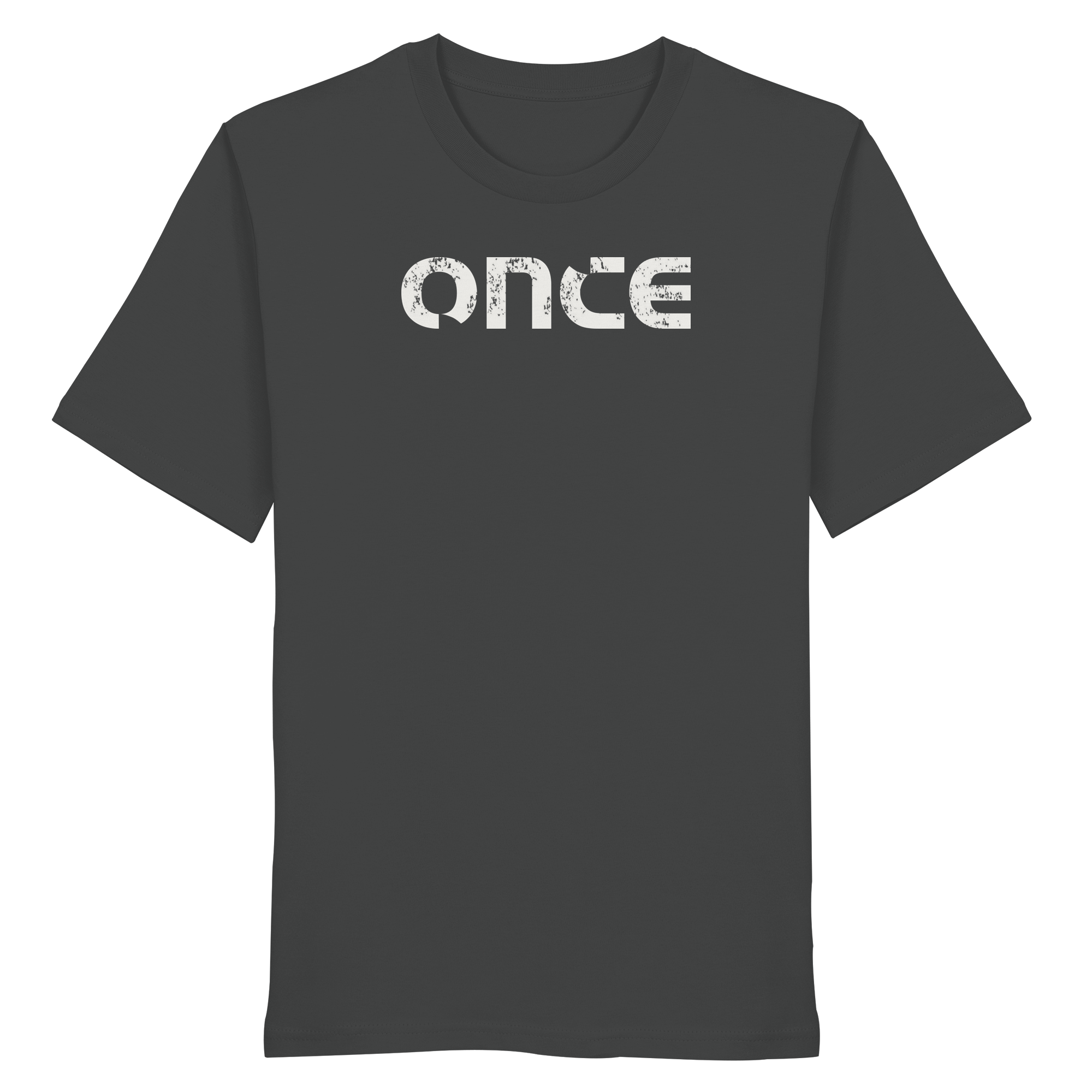 Anthracite organic cotton t-shirt with distressed ONCE logo print on chest