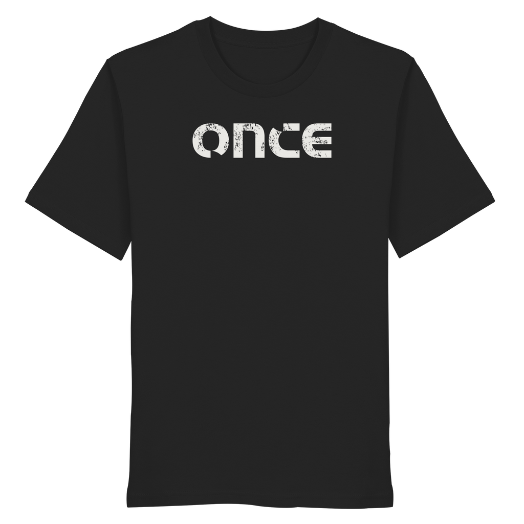 Black organic cotton t-shirt with distressed ONCE logo print on chest