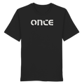 Black organic cotton t-shirt with distressed ONCE logo print on chest