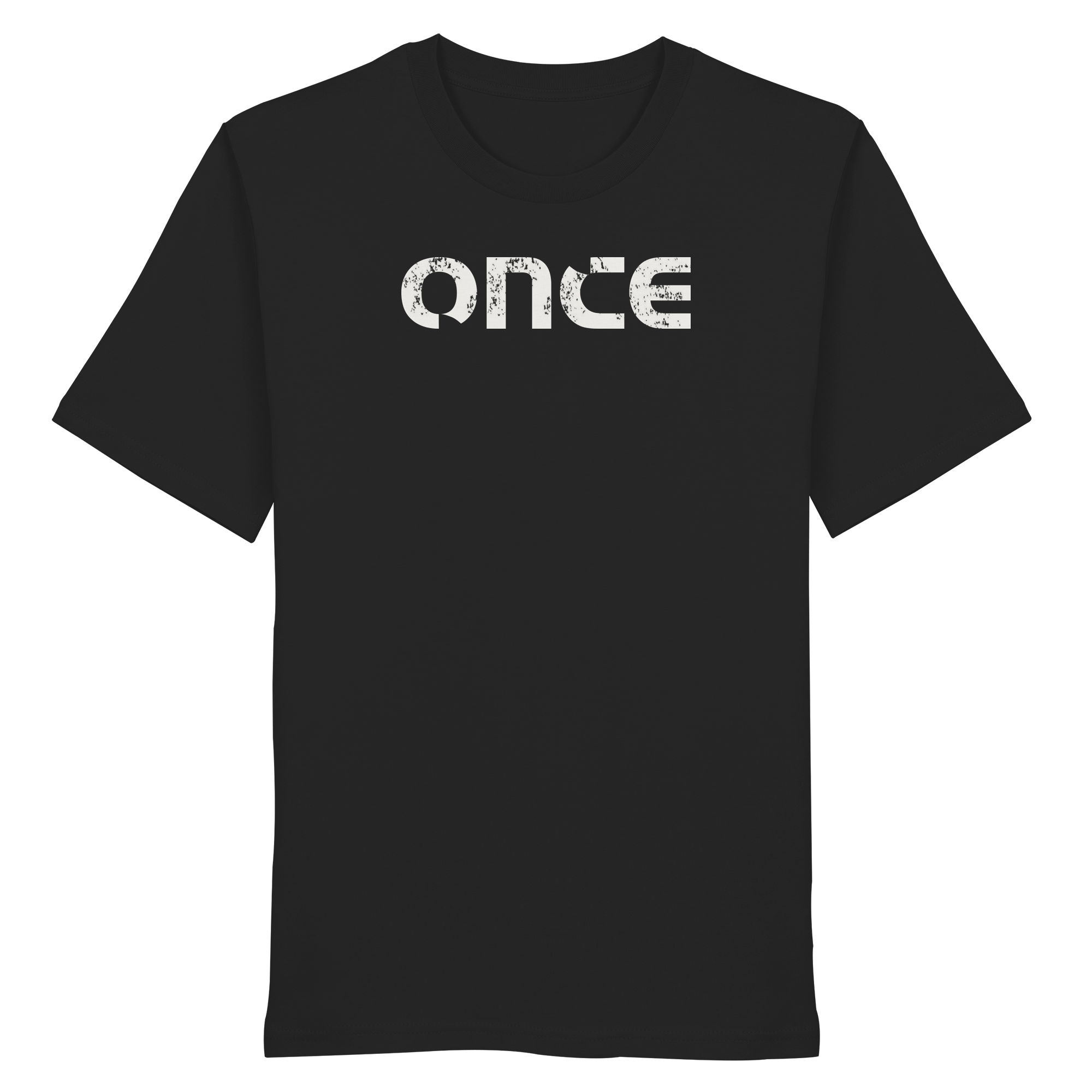 Black organic cotton t-shirt with distressed ONCE logo print on chest