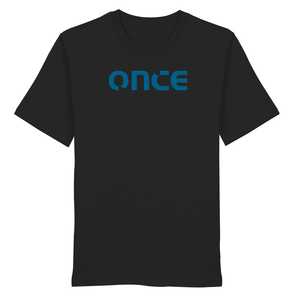 Minimalistisches schwarzes T-Shirt mit blauem „once“-Logo auf der Brust.