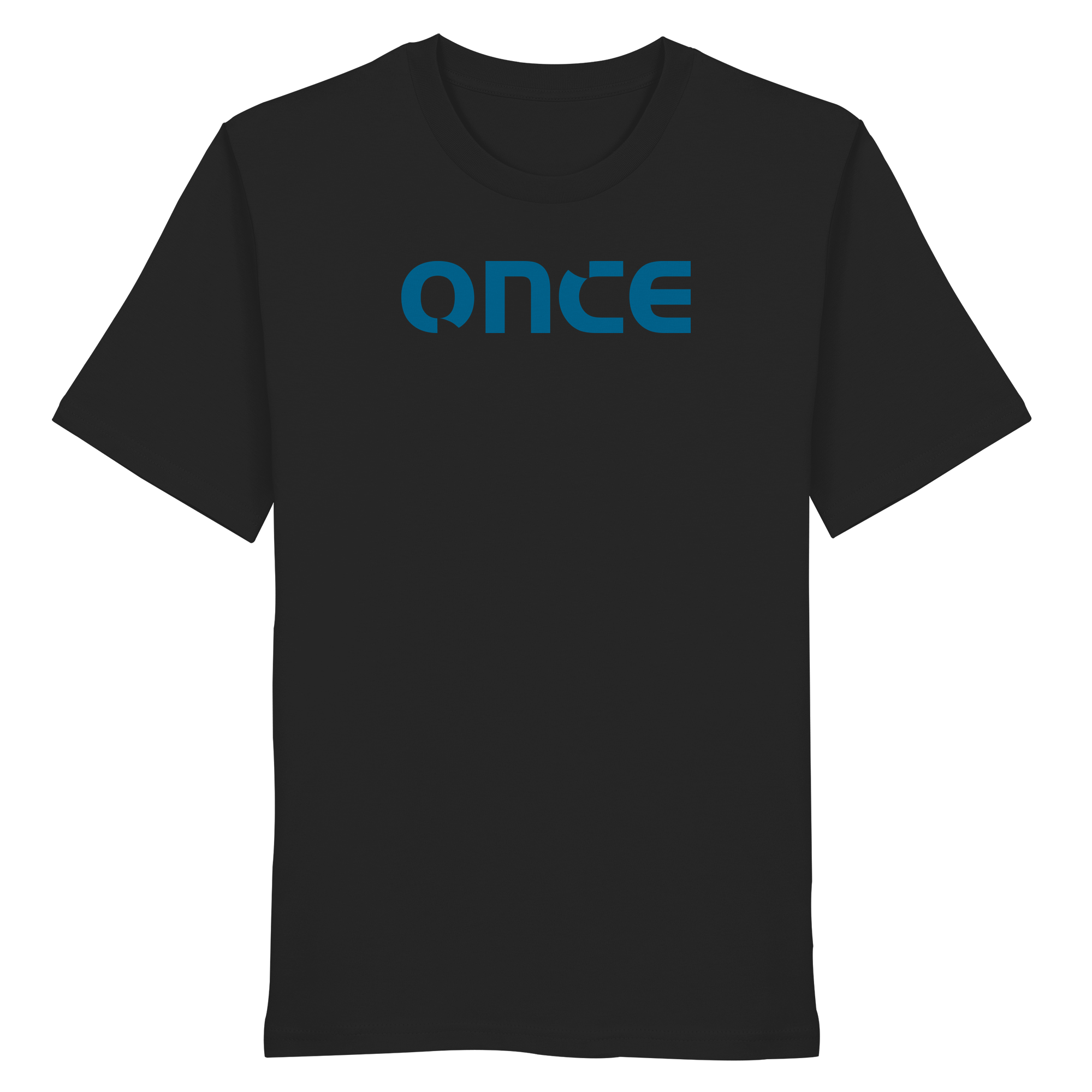 Minimalistisches schwarzes T-Shirt mit blauem „once“-Logo auf der Brust.