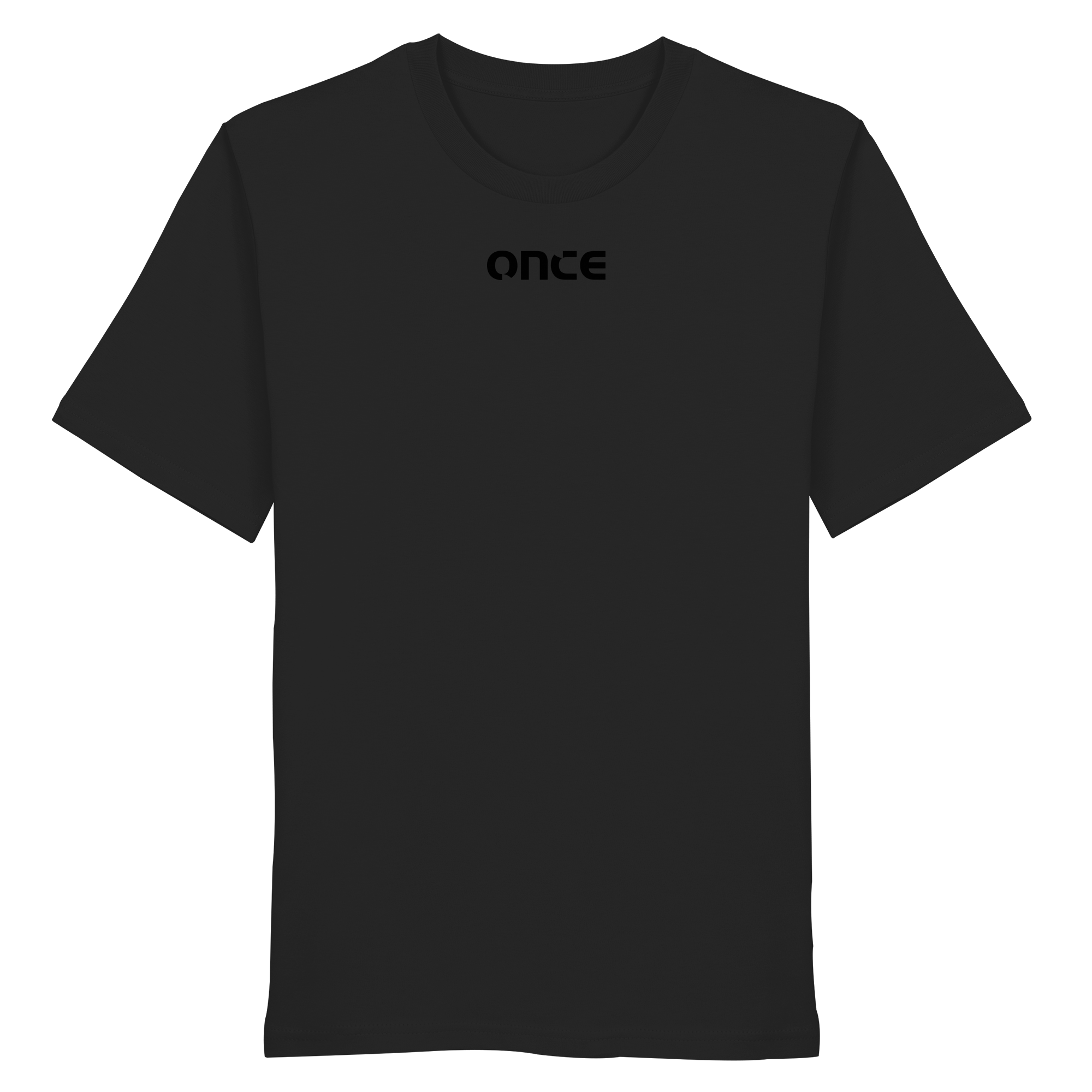 Black organic cotton t-shirt with ONCE road sunshine graphic and ONCE logo on front. 