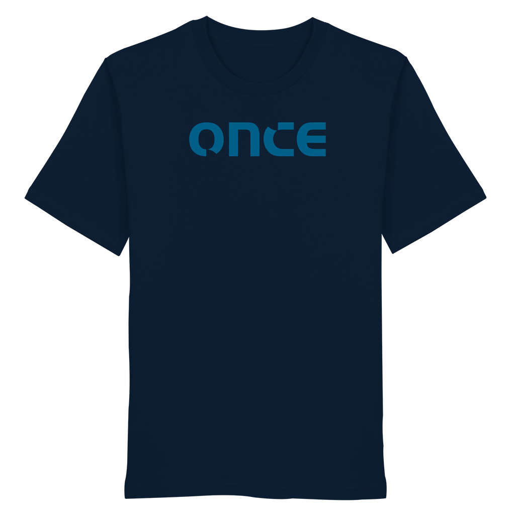 Minimalistisches navyblaues T-Shirt mit blauem „once“-Logo auf der Brust.