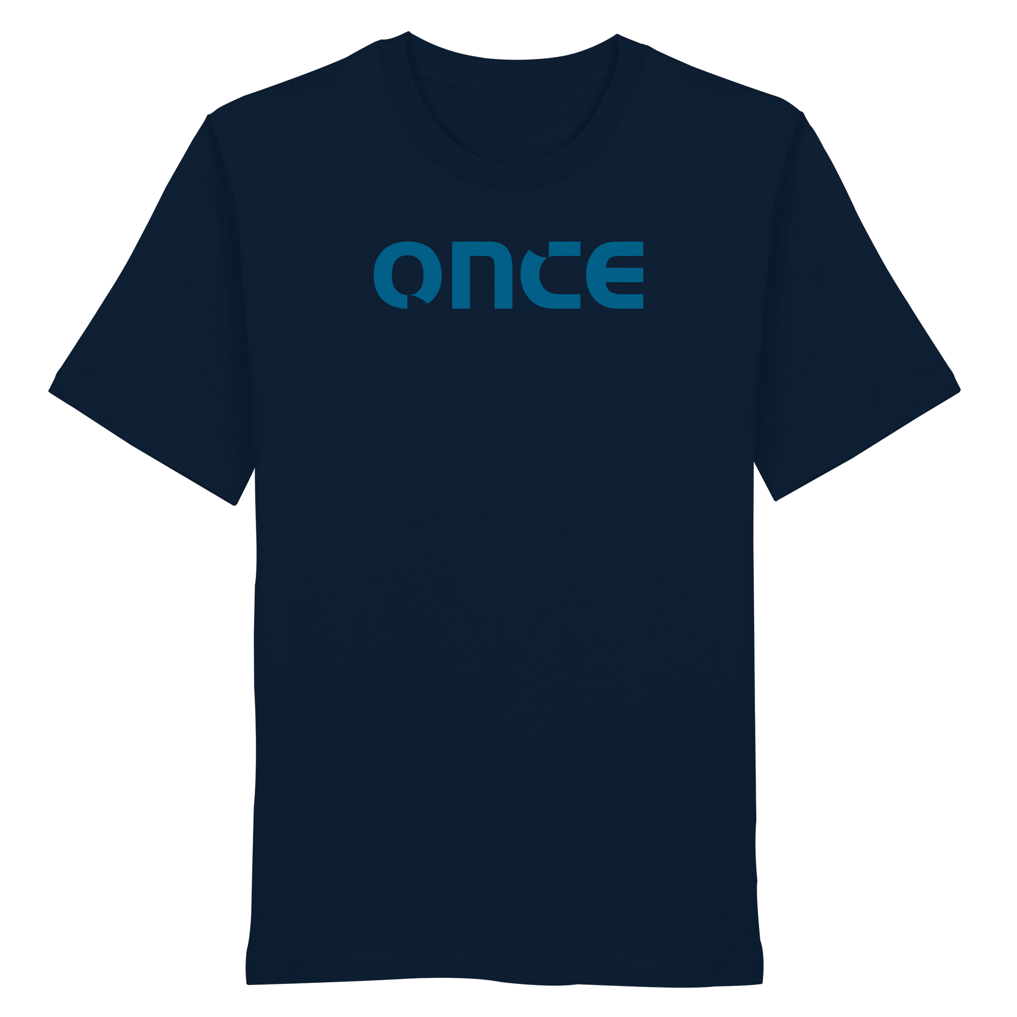 Minimalistisches navyblaues T-Shirt mit blauem „once“-Logo auf der Brust.
