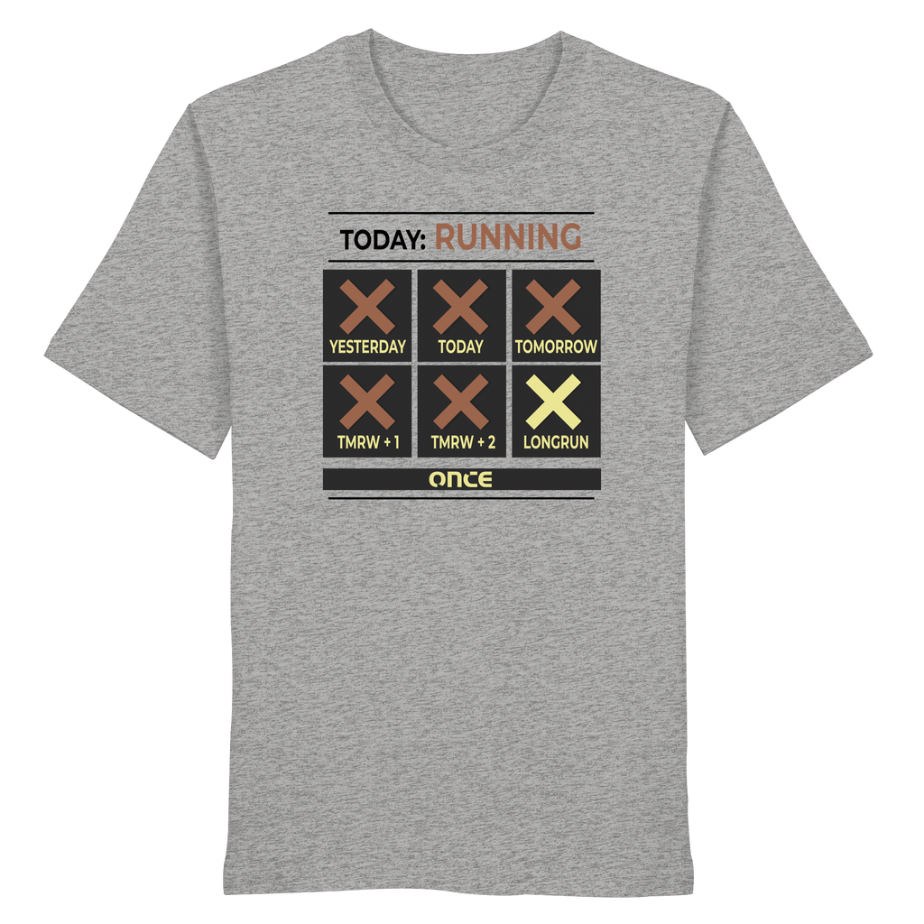 Grau-meliertes T-Shirt mit grafischem Running-Kalender und dem Schriftzug „TODAY: RUNNING“ auf der Vorderseite.