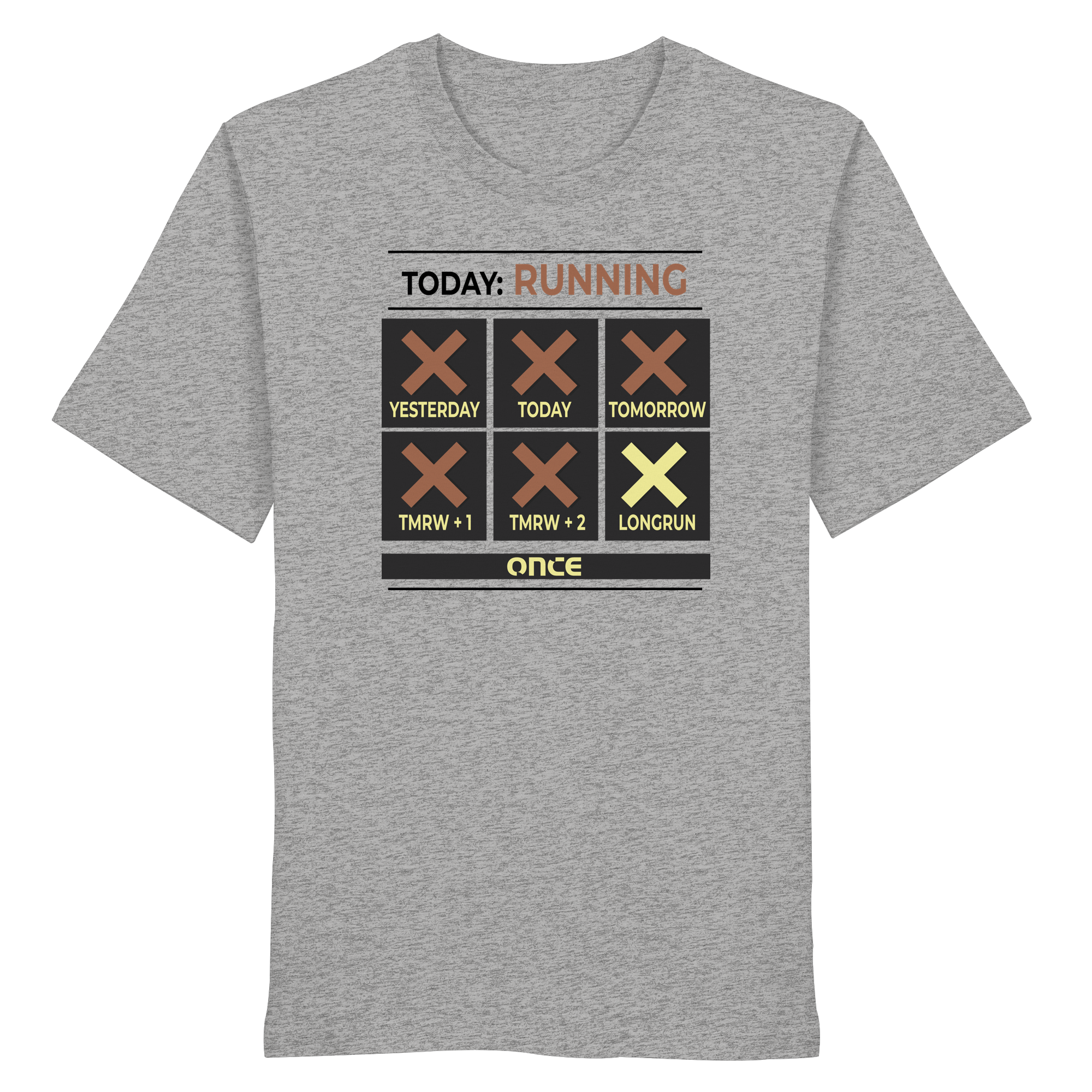 Grau-meliertes T-Shirt mit grafischem Running-Kalender und dem Schriftzug „TODAY: RUNNING“ auf der Vorderseite.