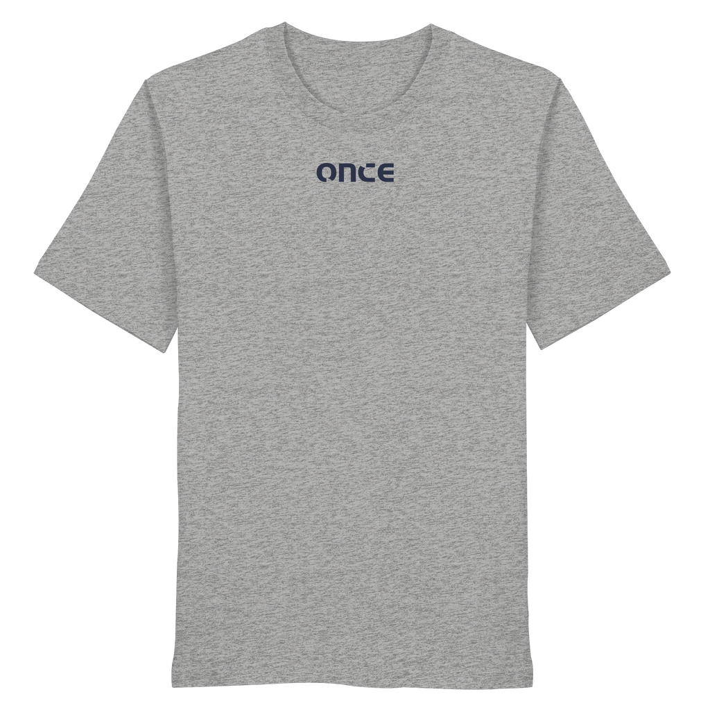 heather grey organic cotton t-shirt with ONCE road nightfall graphic 
