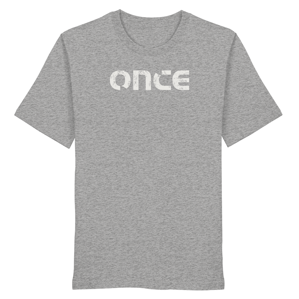 Heather grey organic cotton t-shirt with distressed ONCE logo print on chest