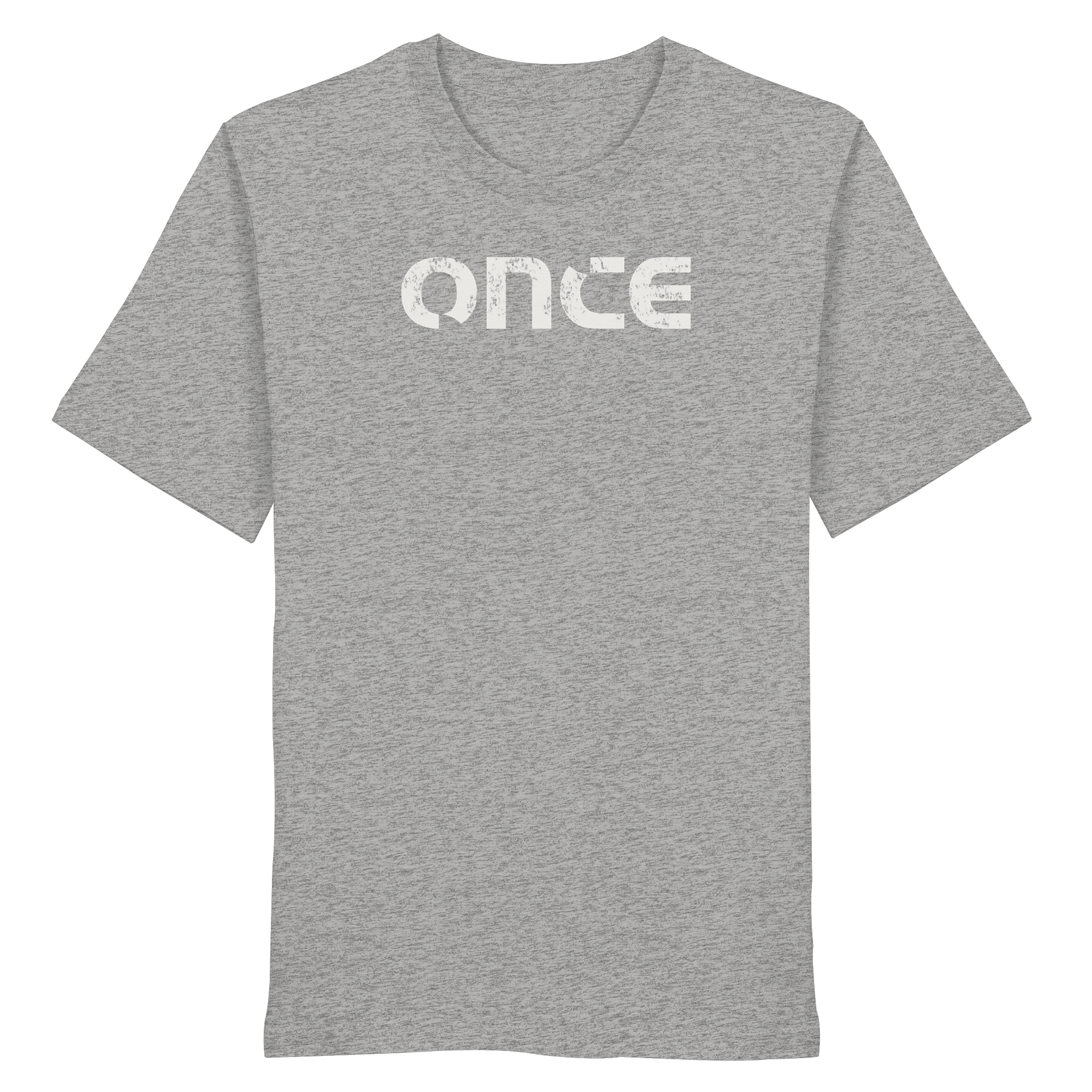 Heather grey organic cotton t-shirt with distressed ONCE logo print on chest