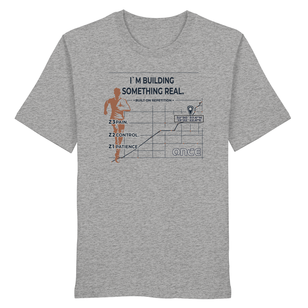 Heather grey organic cotton t-shirt with ONCE building something real statement design