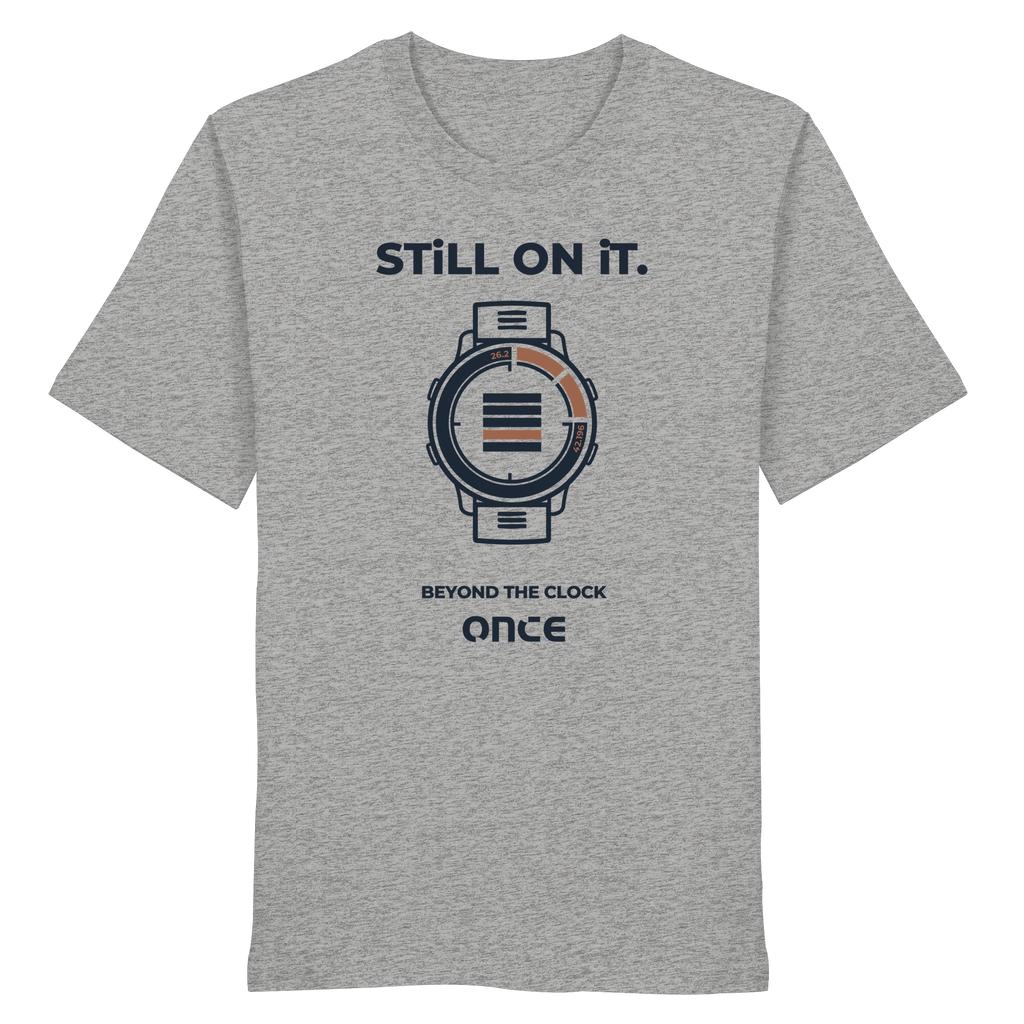 Heather grey organic cotton t-shirt with ONCE still on it statement design