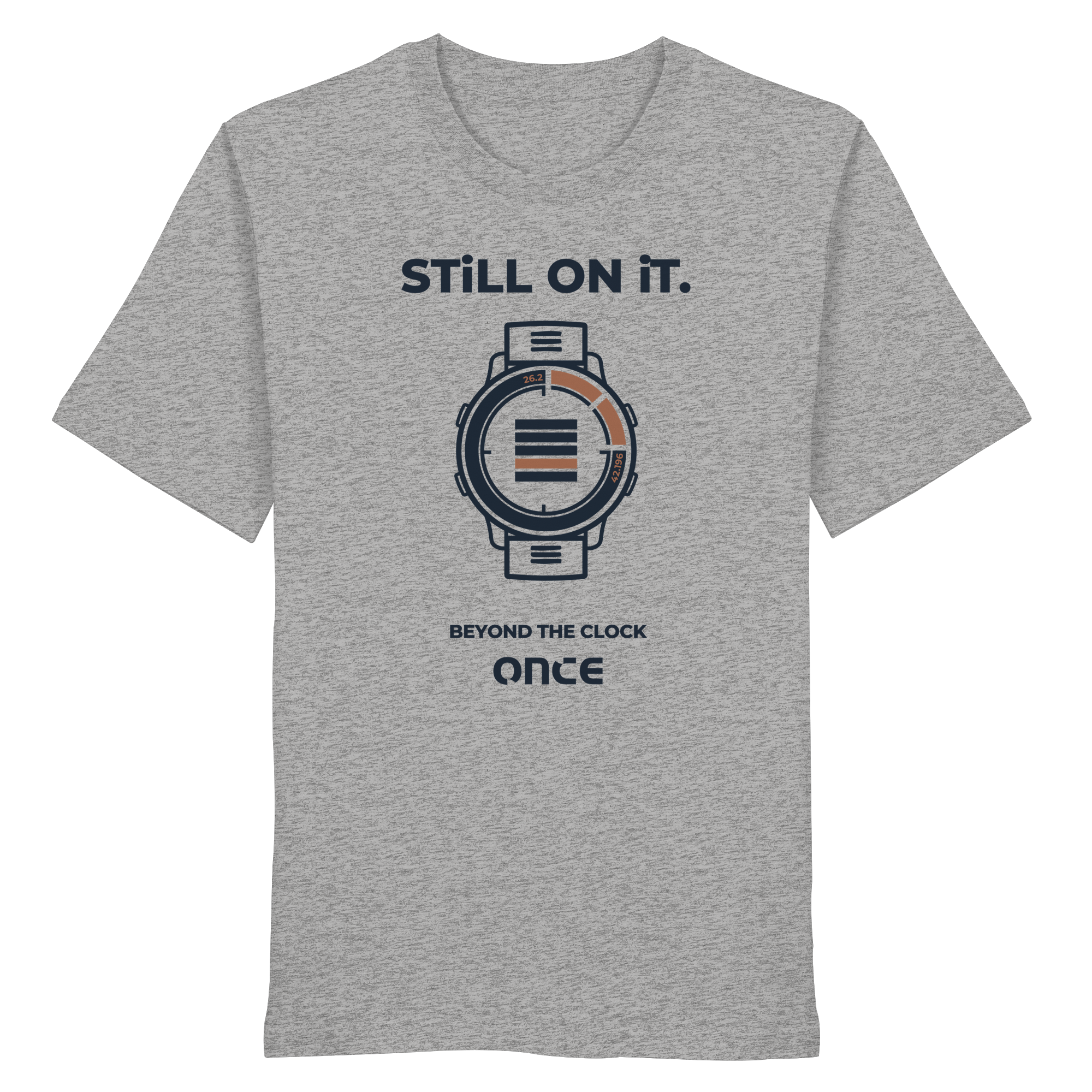 Heather grey organic cotton t-shirt with ONCE still on it statement design