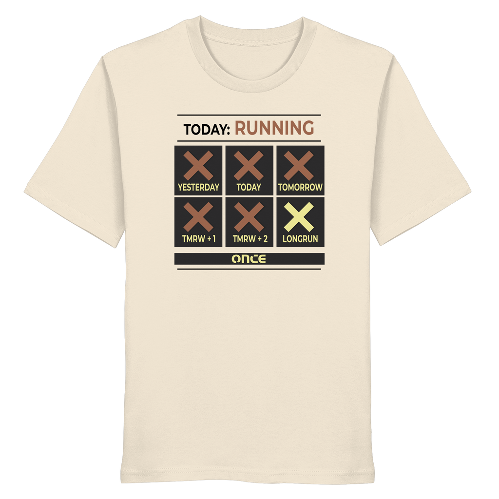 Natural Raw-farbenes T-Shirt mit grafischem Running-Kalender und dem Schriftzug „TODAY: RUNNING“ auf der Vorderseite.