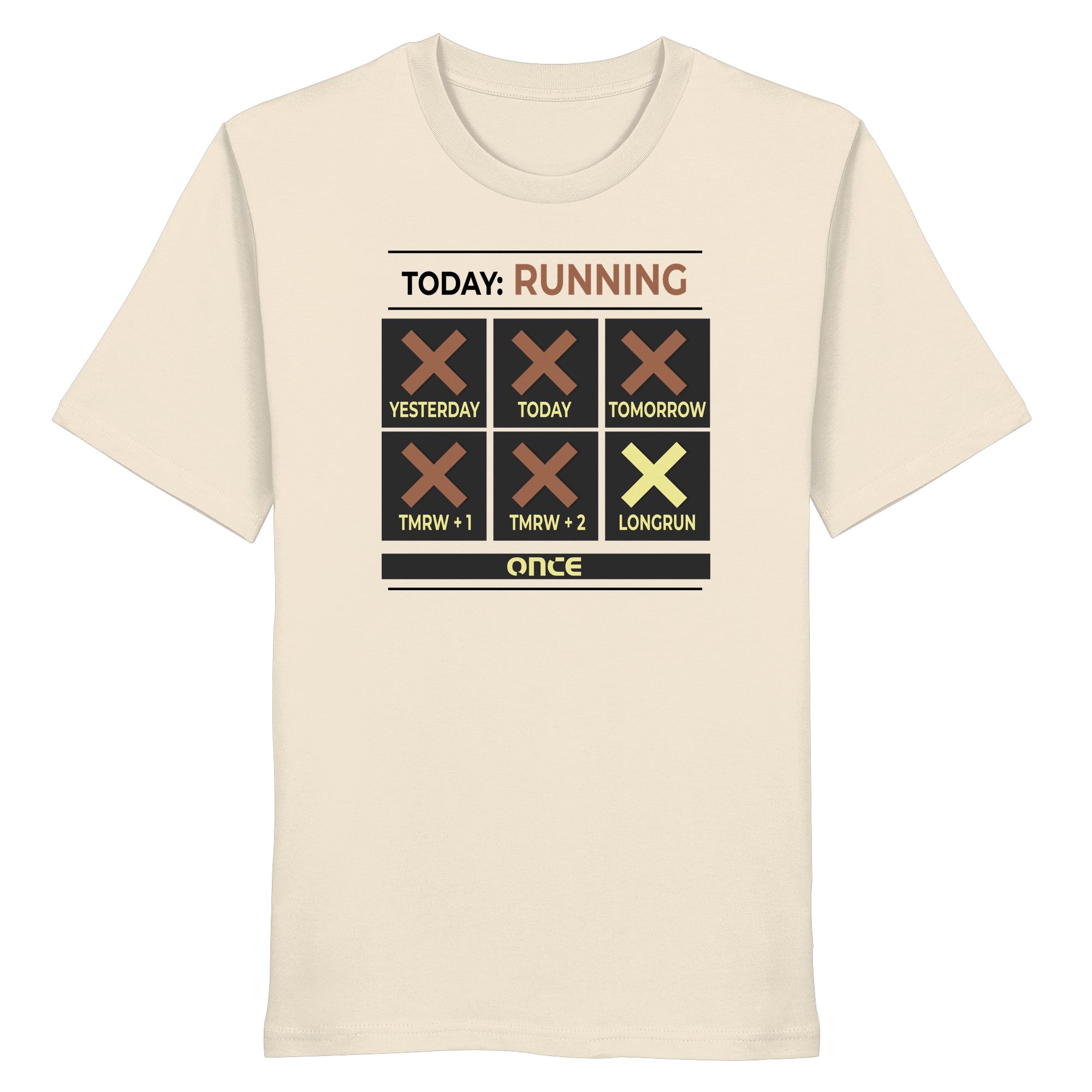 Natural Raw-farbenes T-Shirt mit grafischem Running-Kalender und dem Schriftzug „TODAY: RUNNING“ auf der Vorderseite.
