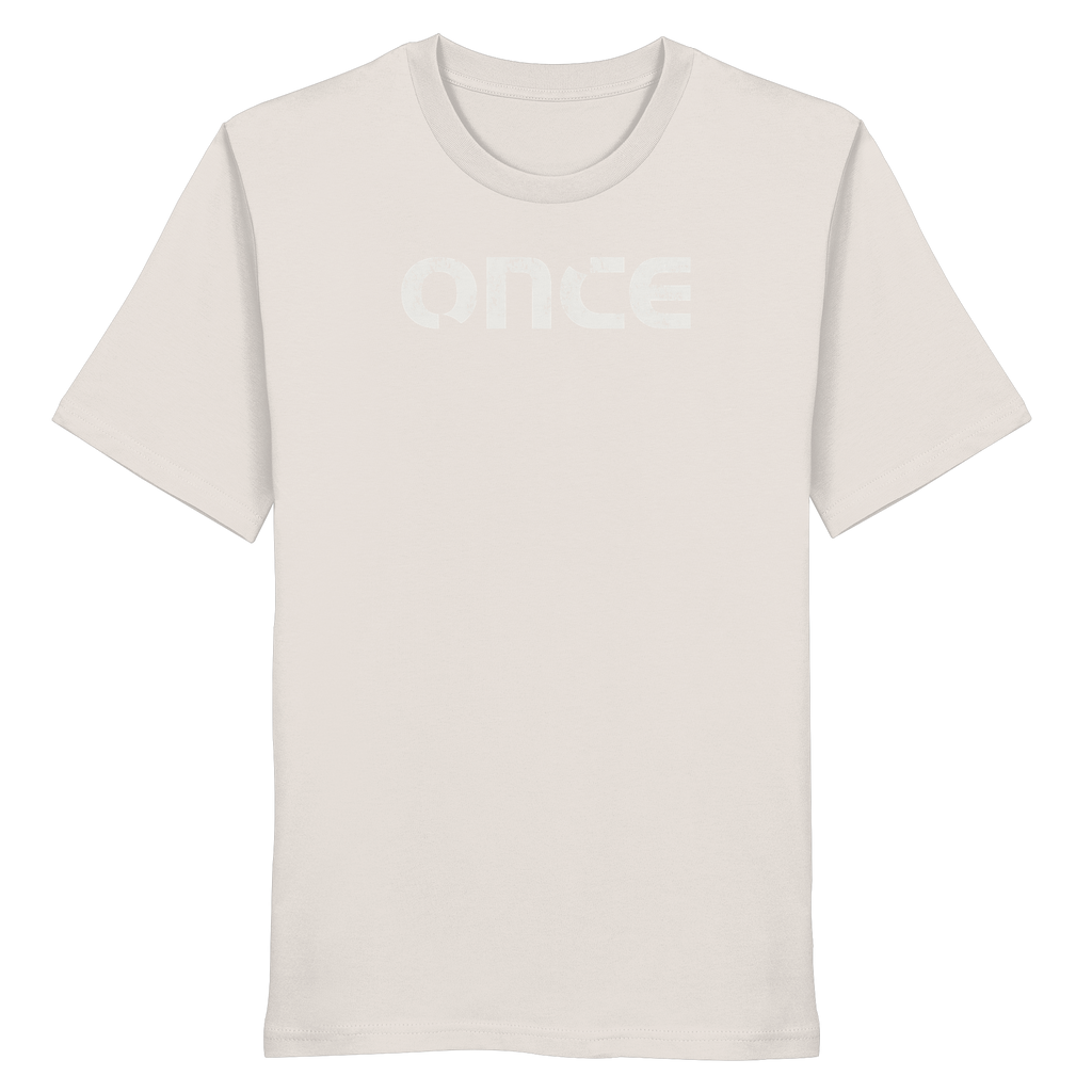 Vintage white organic cotton t-shirt with distressed ONCE logo print on chest