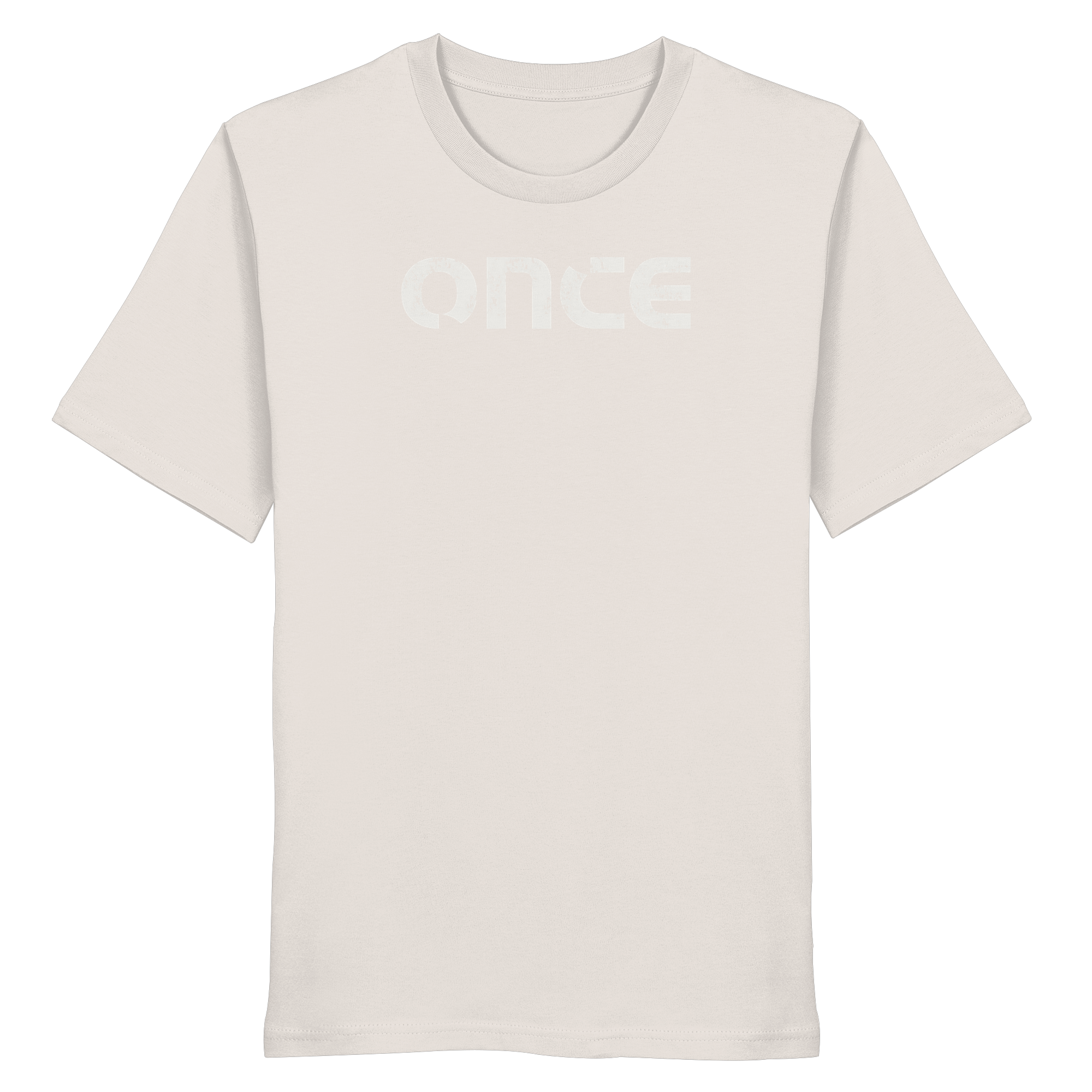 Vintage white organic cotton t-shirt with distressed ONCE logo print on chest
