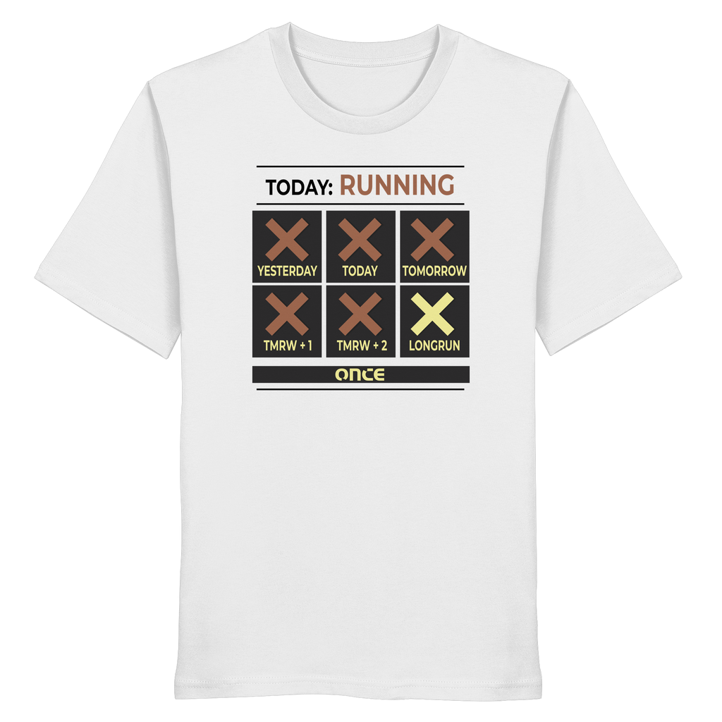 Weißes T-Shirt mit grafischem Running-Kalender und dem Schriftzug „TODAY: RUNNING“ auf der Vorderseite.