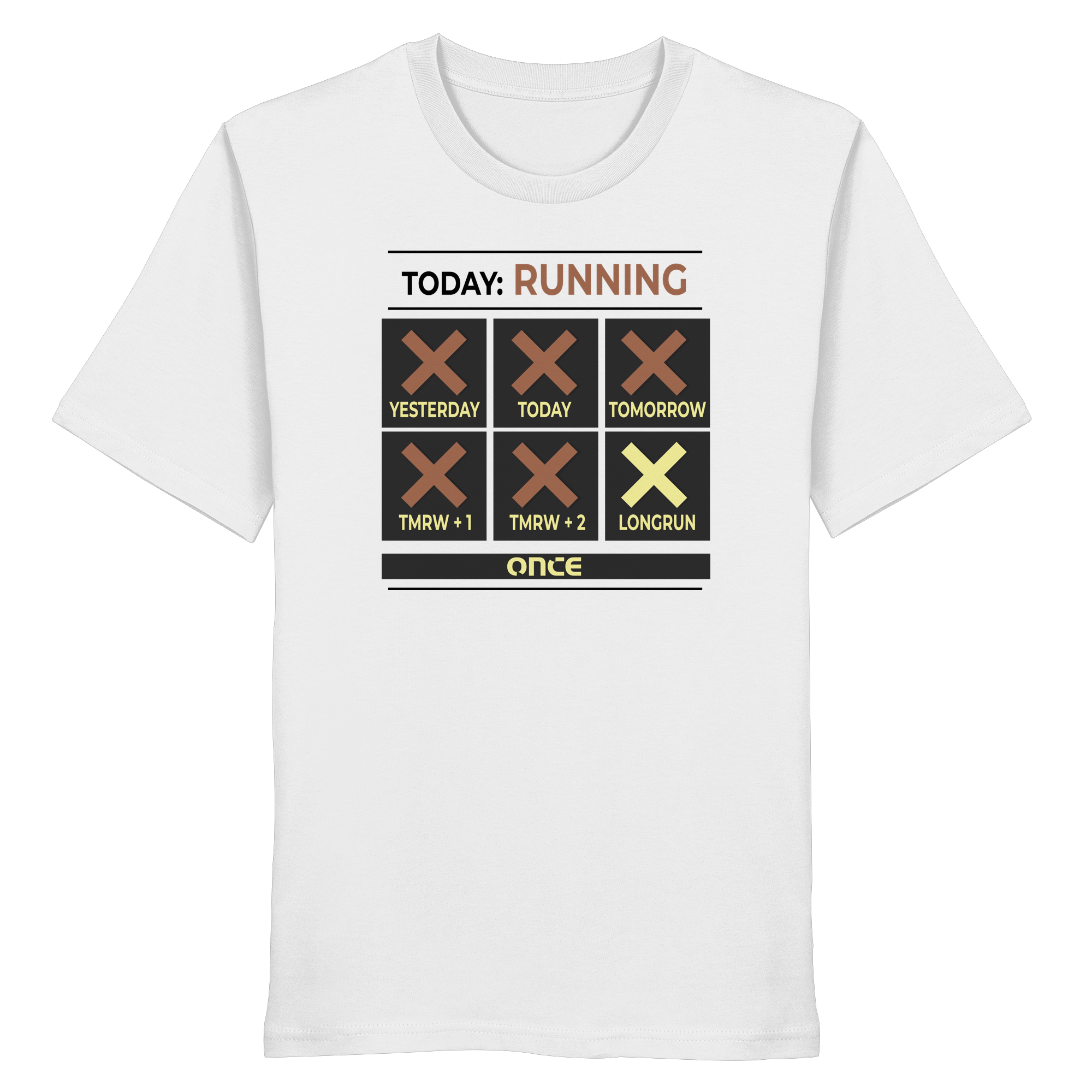 Weißes T-Shirt mit grafischem Running-Kalender und dem Schriftzug „TODAY: RUNNING“ auf der Vorderseite.