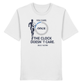 Weißes T-Shirt mit Laufgrafik, stilisiertem Uhrsymbol und dem Schriftzug „YOU CARE. THE CLOCK DOESN`T CARE.“ sowie „26.2 / 42.195“ auf der Vorderseite.