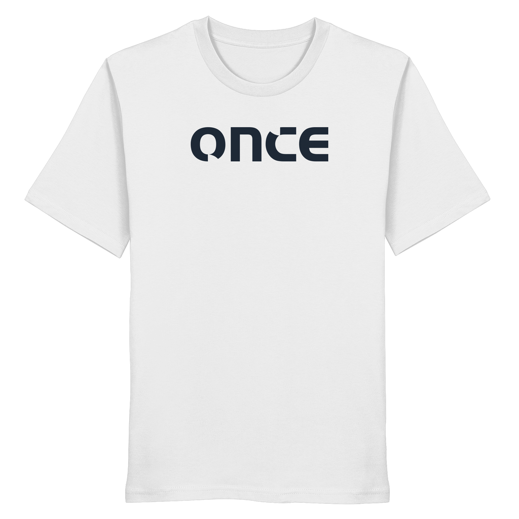 Minimalistisches weisses T-Shirt mit dunkelblauem „once“-Logo auf der Brust.