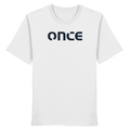 Minimalistisches weisses T-Shirt mit dunkelblauem „once“-Logo auf der Brust.