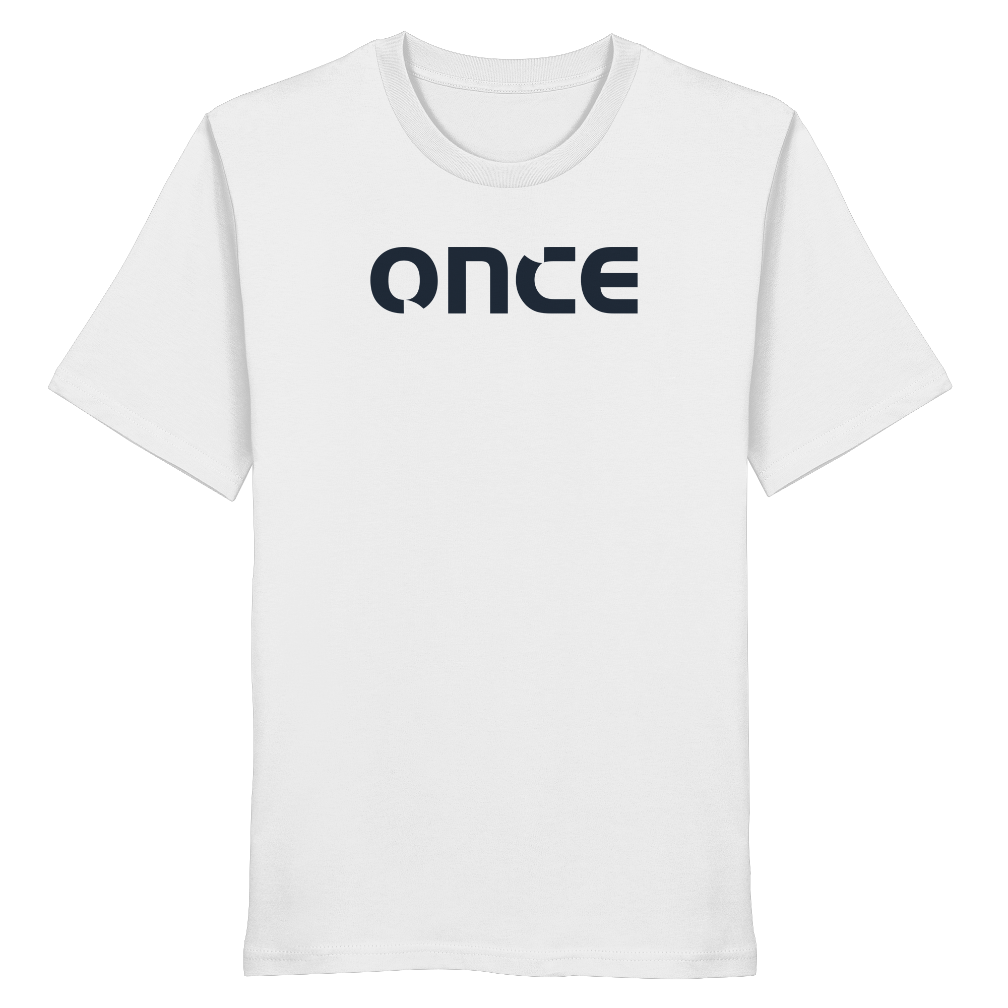 Minimalistisches weisses T-Shirt mit dunkelblauem „once“-Logo auf der Brust.